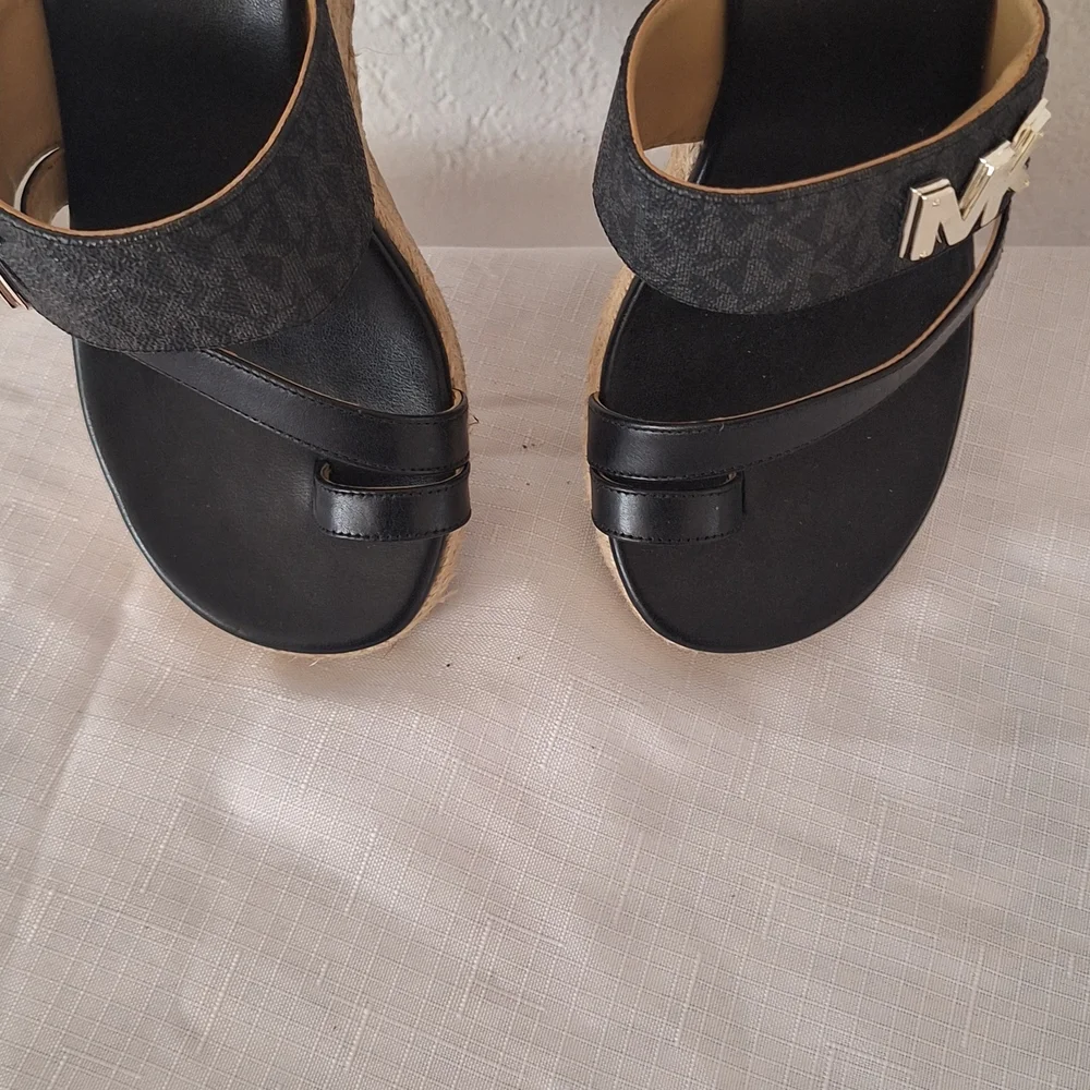 Michael Kors Black MK Logo Espadrille Slide Sandals with Gold Accents - Picture 2 of 5